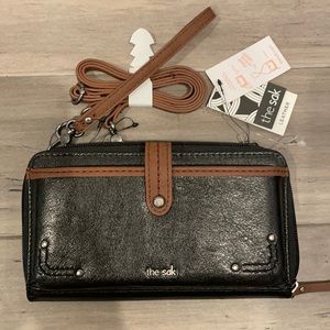 Black/Brown Leather Wallet with Shoulder Strap.
